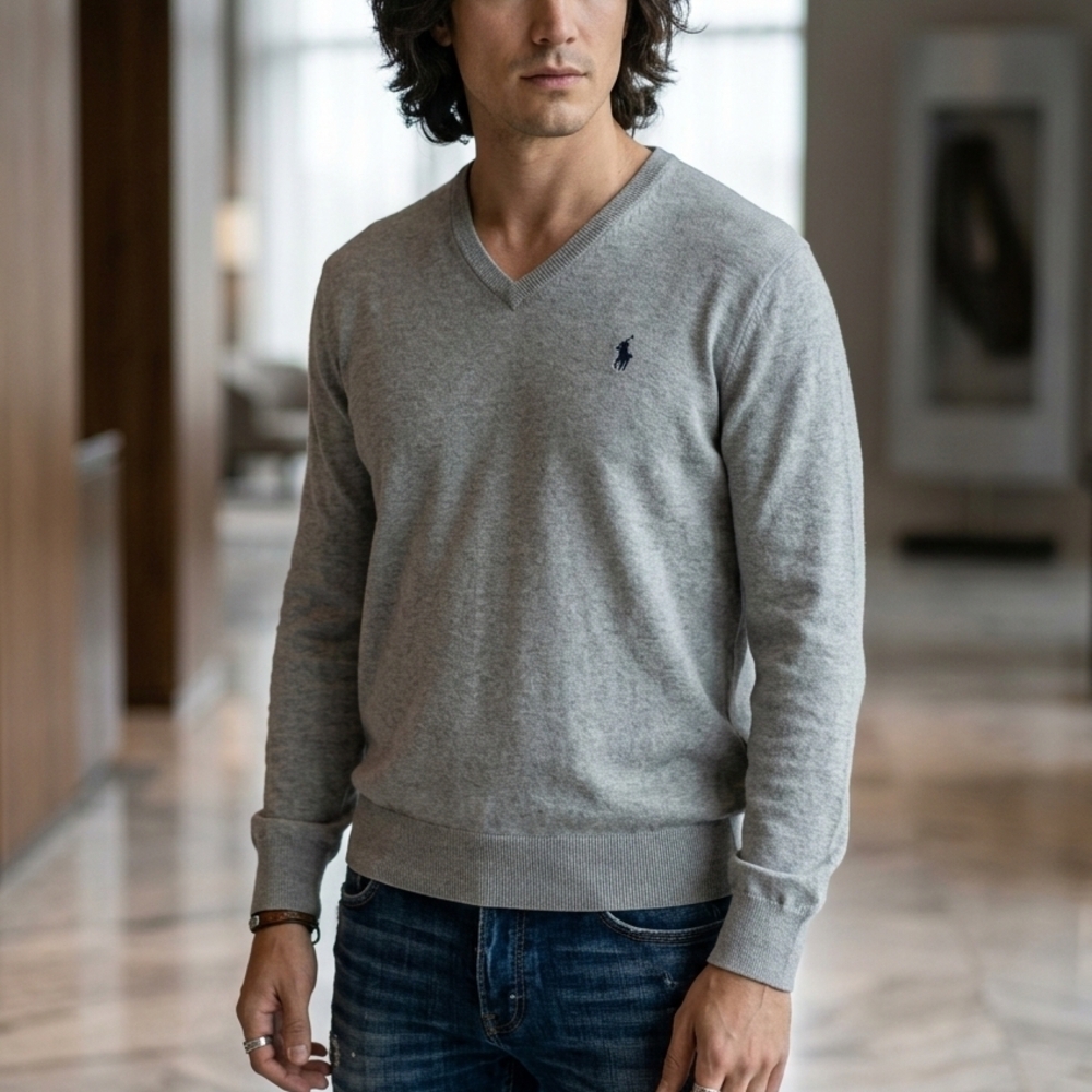 POLO🐎Ralph Lauren 100% PIMA COTTON Men's V-Neck Sweater in Gray Sx M UNISEX